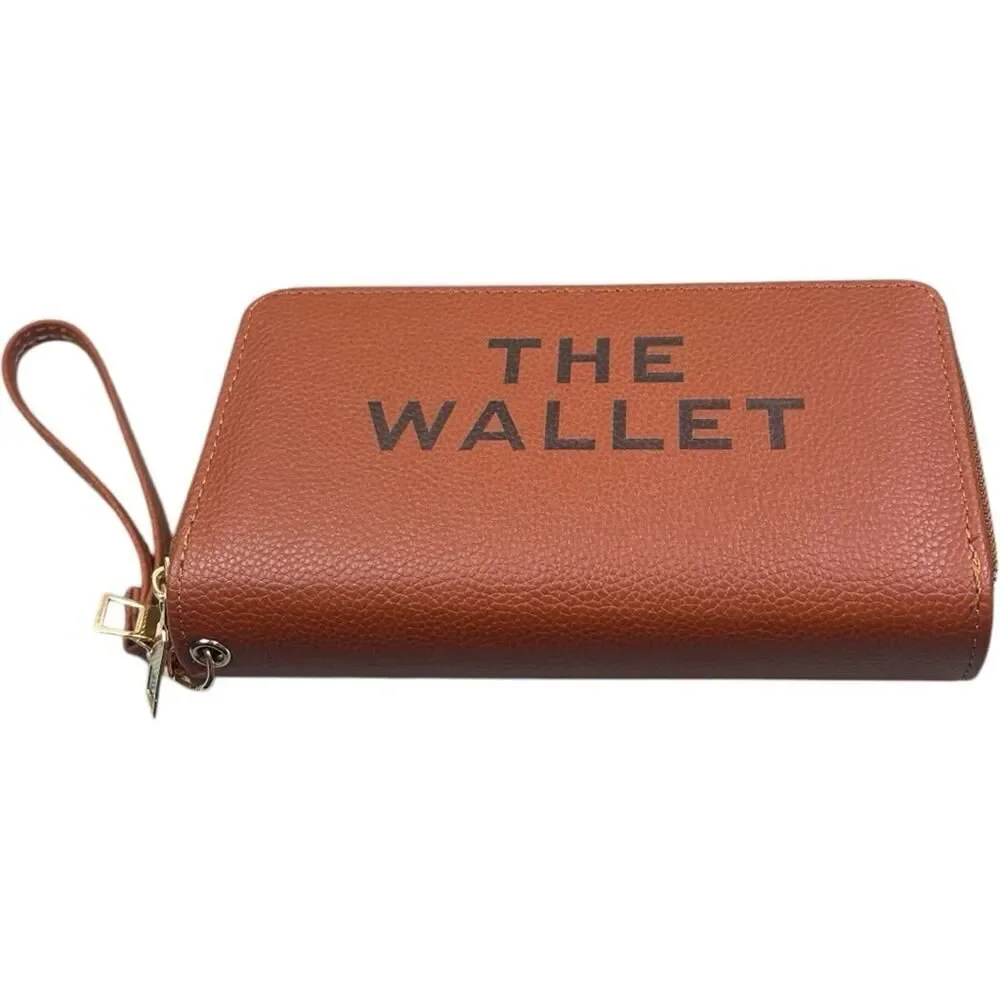 Brown Designer Inspired Lettering Double Zipper Wristlet Wallet